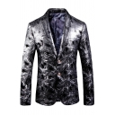 Mens Simple Silver Lightning Printed Long Sleeve Double Buttons Evening Party Blazer