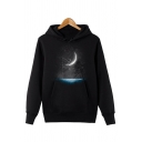 Fantasy Angler and Moon Galaxy Print Long Sleeve Casual Thick Pullover Hoodie