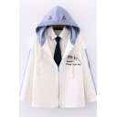 Lovely Embroidery Cat Letter Printed Colorblock Long Sleeve Zip Up White Hooded Jacket