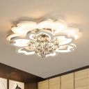 White Flower Flush Light Contemporary Crystal Ball LED Ceiling Fixture in Warm/White/Fourth Gear Light