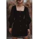 Womens New Fashion Black Square Neck Bishop Long Sleeve Button Front Mini A-Line Dress