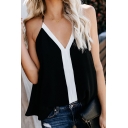 Simple Black and White Colorblock Halter Neck Sleeveless Swing Tank Top for Women