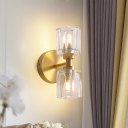 2 Bulbs Living Room Wall Light Modern Style Gold Finish Wall Sconce Fixture with Tapered Clear Crystal Shade