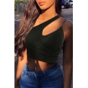 Edgy Looks One-Shoulder Wrap Front Slim Fit Black Crop Tank Top for Girls