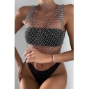 Hot Unique Sleeveless Crew Neck Fishing Net Crystal Embellished Sheer Mental Fitted Crop Top for Girls