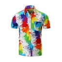 Guys Personality Colorful Paint Drip Print Short Sleeve Button Up White Shirt