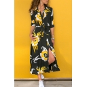 Casual Fancy Long Sleeve V-Neck Floral Patterned Button Down Split Side Bow-Tied Long A-Line Shirt Dress for Female