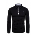 Simple Contrast Trim Embroidery Pattern Long Sleeve Button Front Fitted Polo Shirt