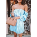 Glamorous Blue Puff Sleeve Off The Shoulder Stripe Print Bow Tie Waist Mini A-Line Dress for Ladies