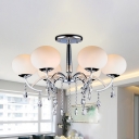 Sphere Milk White Glass Semi Flush Lamp Modern 6-Light Chome Ceiling Light Fixture with Crystal Drops