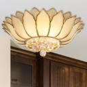 4/6 Lights Living Room Flush Mount Traditional Gold Ceiling Lamp with White Lotus Glass Shade and Crystal Drop
