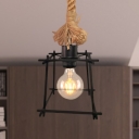 Squared Frame Hanging Ceiling Light Loft Style Metal 1 Light Black Pendant Lamp with Adjustable Rope