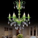 6 Lights Chandelier Lamp Traditional Candelabra Green Glass Hanging Light Fixture with Crystal Drip Decoration