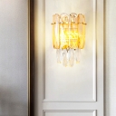 2 Heads Bedroom Wall Lamp Postmodern Gold Sconce Light with Half-Cylinder Crystal Block Shade