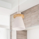 Tapered Pendant Light Simple Style White Glass 1 Light Dining Room Suspension Light with Wood Ring Decoration