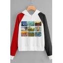 Oil Paint Collage Pattern Colorblocked Long Sleeve Leisure Pullover Hoodie