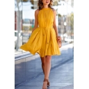 Sweet Yellow Sleeveless Crew Neck Stringy Selvedge Bow Tie Waist Pleated Short A-Line Dress for Ladies