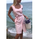 Coast Girls' Sleeveless Square Neck Stripe Pattern Bow Tie Waist Button Down Slit Front Plain Short Sheath Dress