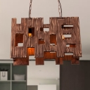 Brown Rectangle Hanging Island Light Country Style 2/3 Lights Wood Pendant Lamp with Hollow Out Design