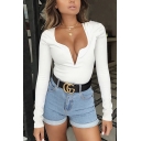 Edgy Girls' Long Sleeve Deep V-Neck Cotton Plain Fitted Bodysuit for Club