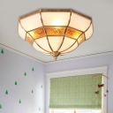 3-Light Opal Glass Flush Light Colonialist Brass Flared Bedroom Close to Ceiling Lighting