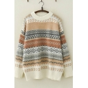 Girls Vintage Geometric Pattern Long Sleeve Oversized Pullover Sweater