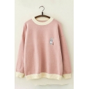 Lovely Rabbit Embroidery Contrast Trim Long Sleeve Oversized Pullover Sweater