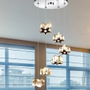 Contemporary LED Cluster Pendant Light Chrome Star Suspended Lighting Fixture with Clear/Amber Crystal Shade in White/Warm Light