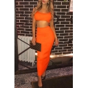 Womens Fashion Plain Cropped Tank Top with Maxi Skirt Sexy Nightclub Two Pieces Set