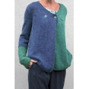 Women's Cozy Basic Long Sleeve Round Neck Button Contrasted Patched Boxy Knit Cardigan