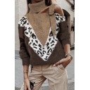 Girls' Fashion Brown Long Sleeve Turtleneck Cut Out Buckle Detail Leopard Patched Chevron Baggy Sweater-Knit Top