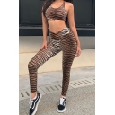 Edgy Girls Brown Tiger Printed Racerback Cropped Tank Top & Casual Pants Two Piece Co-ords