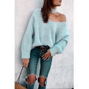 Edgy Girls' Long Sleeve Cold Shoulder Choker Fluffy Oversize Knit Plain Pullover Sweater Top
