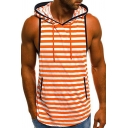 Mens Active Contrast Trim Stripes Pattern Sleeveless Drawstring Hoodie for Summer