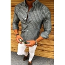 Mens Popular Lapel Collar Long Sleeve Button-Up Slim Fit Striped Shirt