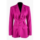 Unique Rose Red Long Sleeve Notch Collar Button Front Ruched Flap Pockets Fitted Blazer for Women