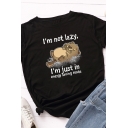 Cute Casual Short Sleeve Crew Neck Letter I'M NOT LAZY Cat Pattern Loose Tee for Girls