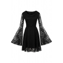 Cool Dark Girls' Bell Sleeve Round Neck Zipper Back See Through Lace Midi Pleated A-Line Dress in Black