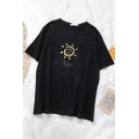 Fashion Short Sleeve Crew Neck Letter SUN Graphic Relaxed Fit Tee for Girls