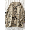 Chic Popular Girls' Long Sleeve Lapel Neck Button Down All Over Cartoon Character Print Loose Fit Shirt in Khaki