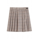 Fashion Tawny High Waist Buckle Detail Plaid Printed Mini Pleated A-Line Skirt for Women