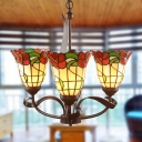 Flower Chandelier Lighting Fixture Tiffany Multicolored Stained Glass 3/5 Bulbs Red Suspension Light for Bedroom