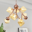 Metal Starburst Pendant Chandelier Modern 9 Heads Rose Gold Hanging Ceiling Light with Amber Glass Shade