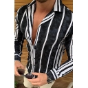 Men's Colorblock Vertical Striped Pattern Long Sleeves Button Up Slim Fit Leisure Shirt