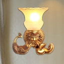 Peacock Resin Wall Mount Lamp Lodge Stylish 1 Bulb Living Room Gold Wall Sconce with Frosted Glass Petal Shade