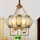 Brass Drum Hanging Chandelier Colonial Frosted White Opal Glass 4 Lights Living Room Ceiling Pendant