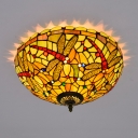 3 Heads Ceiling Lighting Tiffany Dragonfly Handcrafted Art Glass Flush Light Fixture in Bronze