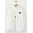 Mori Girl Cute Embroidered Fox Pattern Long Sleeve Button Up White Thin Shirt