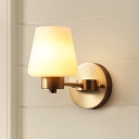 Cone Milk Glass Wall Lamp Traditional Stylish 1 Light Bedroom Wall Sconce Light with Brass Round Backplate