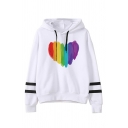 Cute Rainbow Heart Letter Cartoon Pattern Striped Long Sleeves White Drawstring Hoodie
